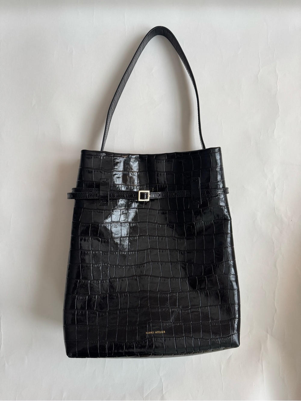 Manu Atelier Black Croc-Embossed Shoulder Tote De Jour Bag